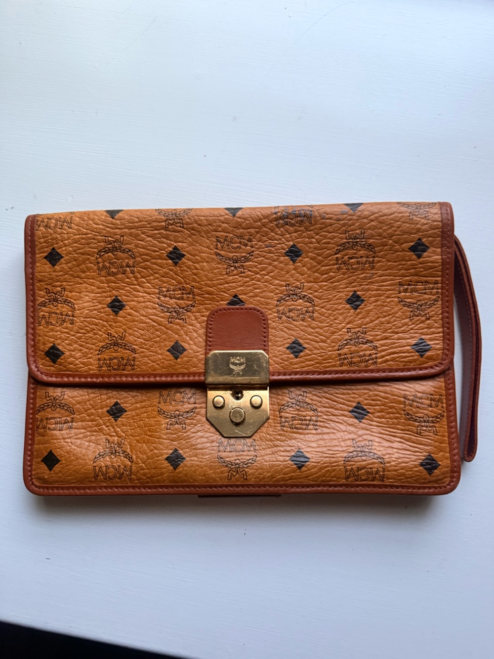 Vintage MCM Cognac Visetos Monogram Clutch Wristlet Bag